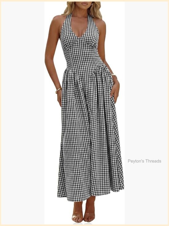 Dresses & Skirts - Halter V Neck Corset Maxi Dress Plaid Smocked Tie Back Backless Drop Waist